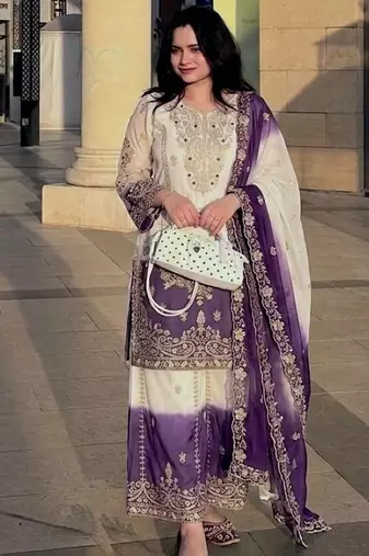 Violet&white georgette readymade suit with zari & embroidery work