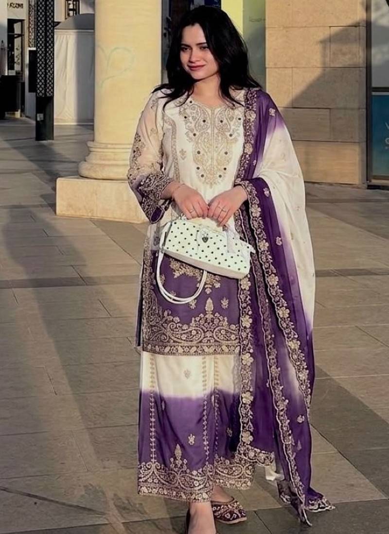 Violet&white georgette readymade suit with zari & embroidery work
