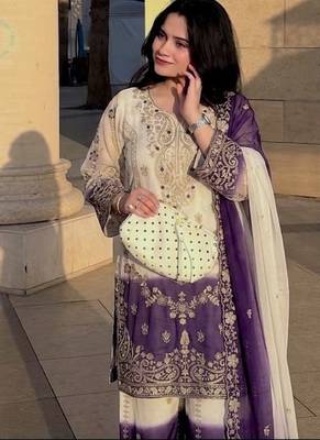 Violet&white georgette readymade suit with zari & embroidery work 3