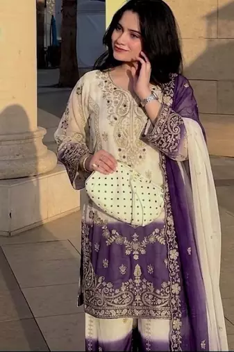 Violet&white georgette readymade suit with zari & embroidery work