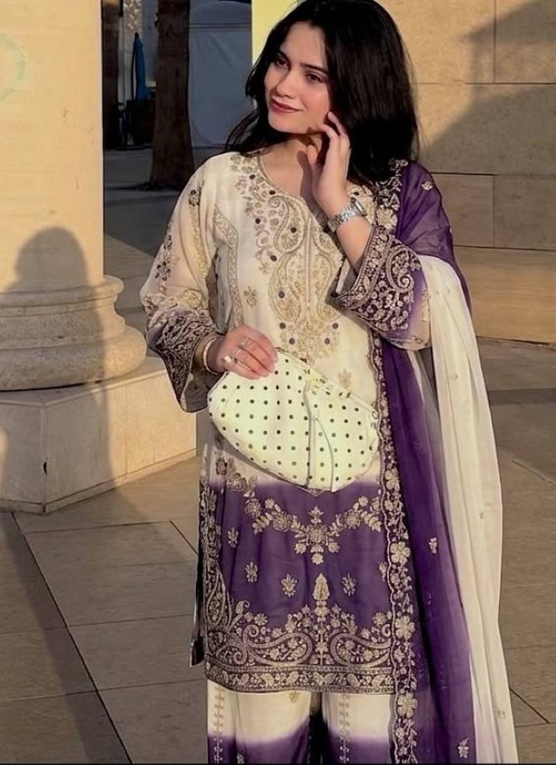 Violet&white georgette readymade suit with zari & embroidery work
