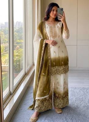 Brown&white georgette readymade suit with diamond & embroidery work 1