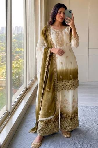 Brown&white georgette readymade suit with diamond & embroidery work