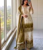 Brown&white georgette readymade suit with diamond & embroidery work