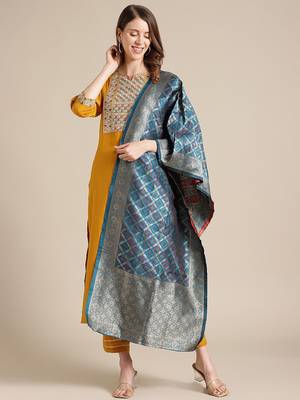 Women Yellow Ethnic Motifs Embroidered Thread Work Kurta with Palazzos & With Dupatta 1