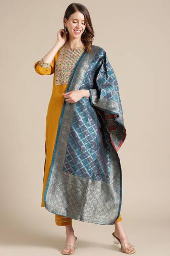 Women Yellow Ethnic Motifs Embroidered Thread Work Kurta with Palazzos & With Dupatta