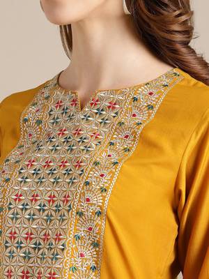 Women Yellow Ethnic Motifs Embroidered Thread Work Kurta with Palazzos & With Dupatta 2