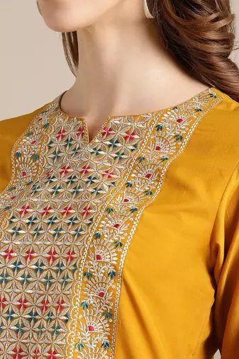 Women Yellow Ethnic Motifs Embroidered Thread Work Kurta with Palazzos & With Dupatta