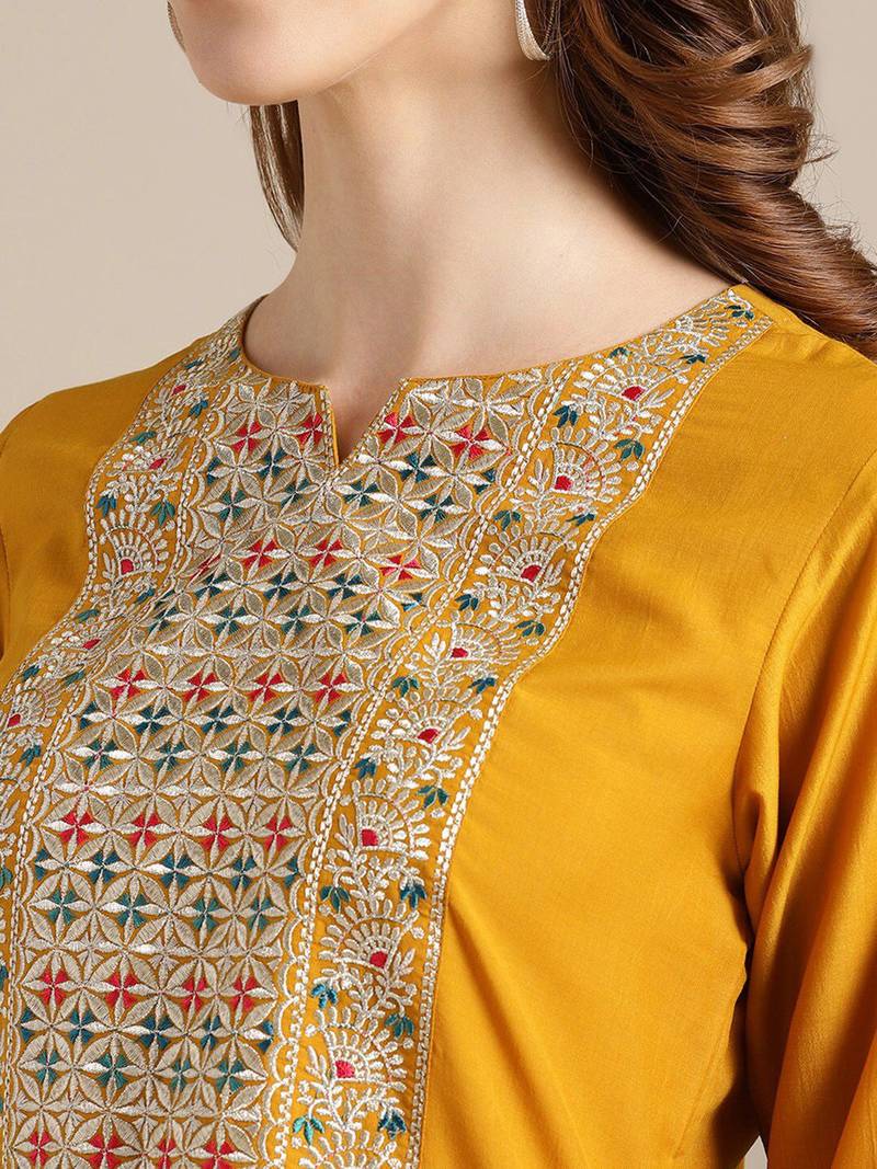 Women Yellow Ethnic Motifs Embroidered Thread Work Kurta with Palazzos & With Dupatta