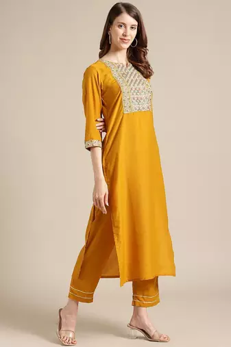 Women Yellow Ethnic Motifs Embroidered Thread Work Kurta with Palazzos & With Dupatta