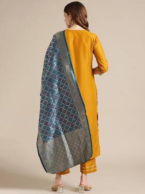 Women Yellow Ethnic Motifs Embroidered Thread Work Kurta with Palazzos & With Dupatta 6