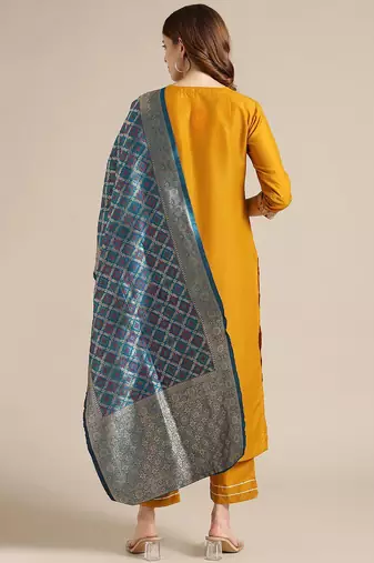 Women Yellow Ethnic Motifs Embroidered Thread Work Kurta with Palazzos & With Dupatta