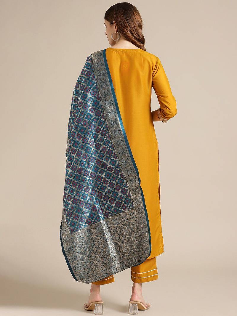 Women Yellow Ethnic Motifs Embroidered Thread Work Kurta with Palazzos & With Dupatta