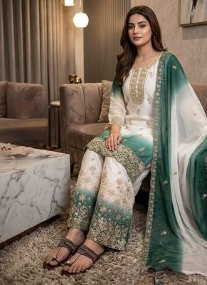 Blue&white georgette readymade suit with diamond & embroidery work 1