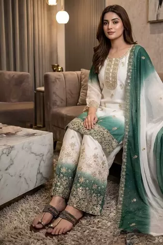 Blue&white georgette readymade suit with diamond & embroidery work
