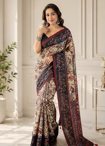 light green color multi digital hand picked kalamkari print cotton blend saree