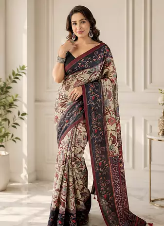 light green color multi digital hand picked kalamkari print cotton blend saree