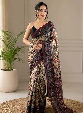 light green color multi digital hand picked kalamkari print cotton blend saree