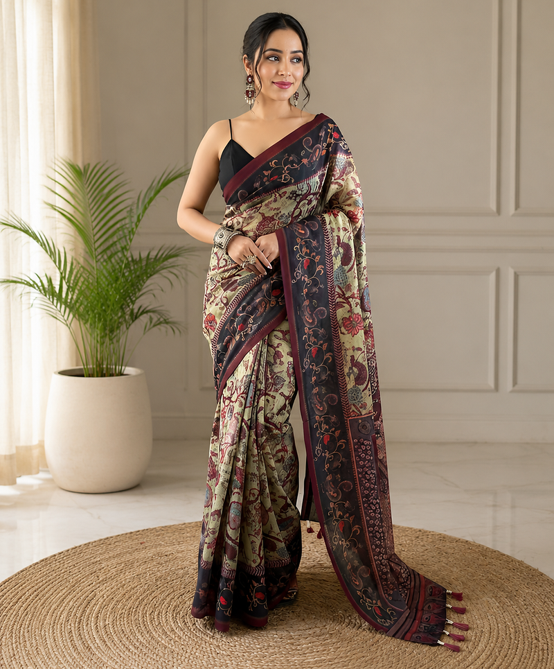 light green color multi digital hand picked kalamkari print cotton blend saree