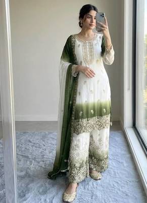 Mehendi&white georgette readymade suit with diamond & embroidery work 1