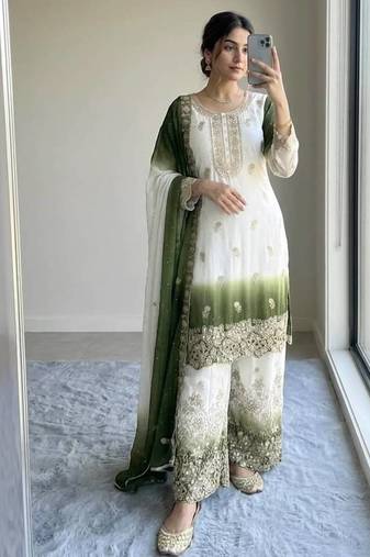 Mehendi&white georgette readymade suit with diamond & embroidery work
