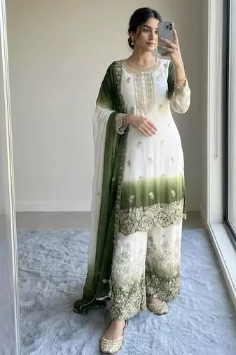Mehendi&white georgette readymade suit with diamond & embroidery work