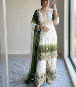 Mehendi&white georgette readymade suit with diamond & embroidery work