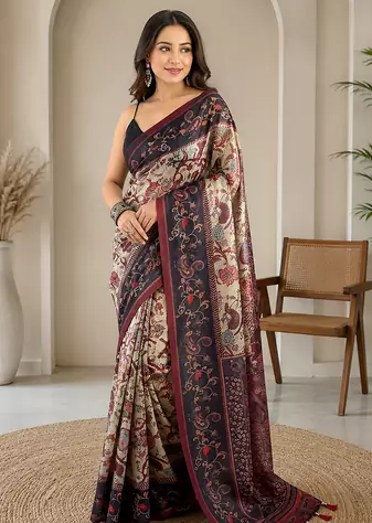 light green color multi digital hand picked kalamkari print cotton blend saree