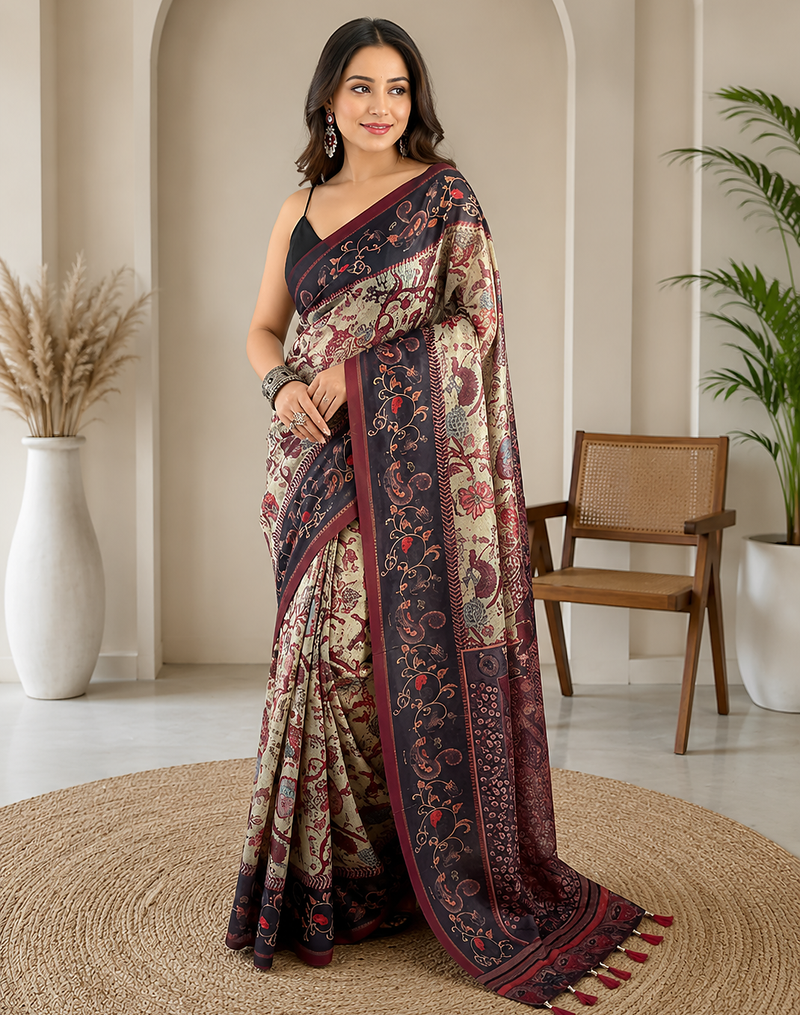 light green color multi digital hand picked kalamkari print cotton blend saree