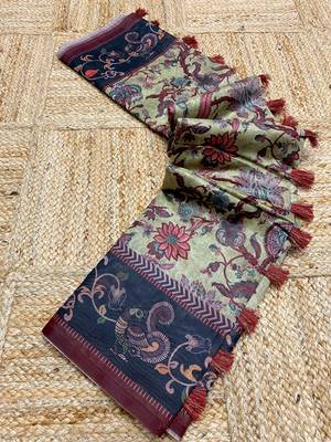 light green color multi digital hand picked kalamkari print cotton blend saree 4
