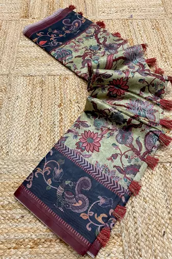 light green color multi digital hand picked kalamkari print cotton blend saree