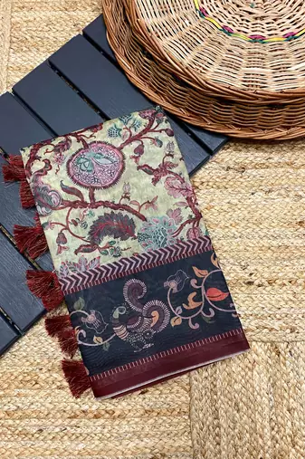 light green color multi digital hand picked kalamkari print cotton blend saree