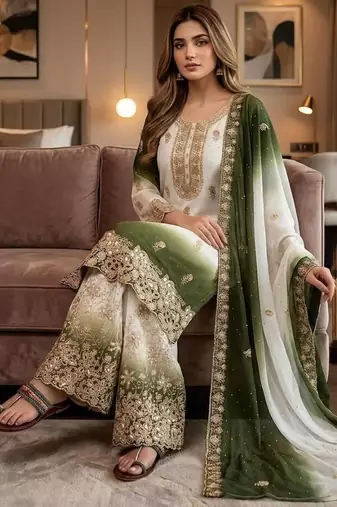 Mehendi&white georgette readymade suit with diamond & embroidery work