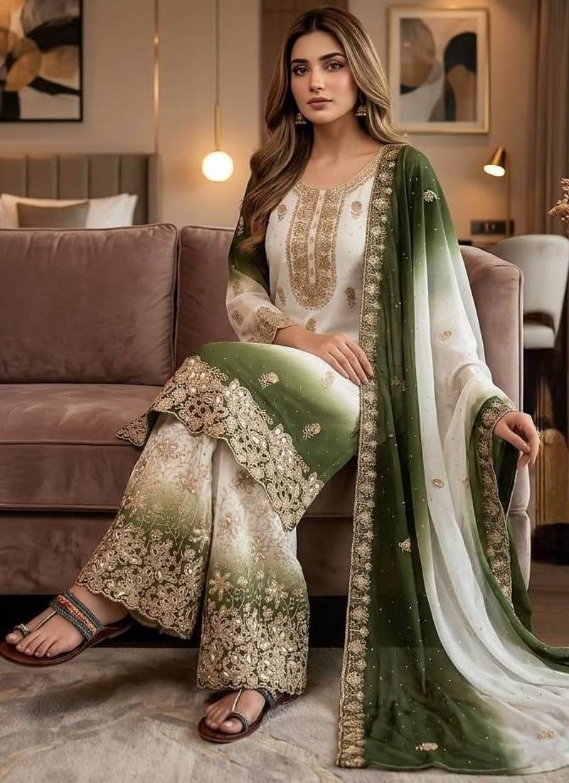 Mehendi&white georgette readymade suit with diamond & embroidery work