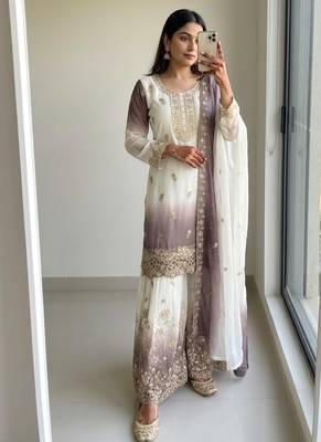 Lavender&white georgette readymade suit with diamond & embroidery work 1