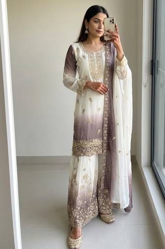 Lavender&white georgette readymade suit with diamond & embroidery work