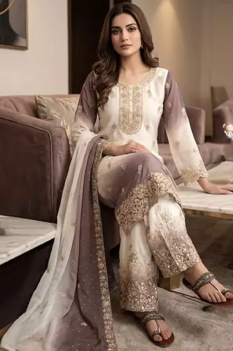 Lavender&white georgette readymade suit with diamond & embroidery work