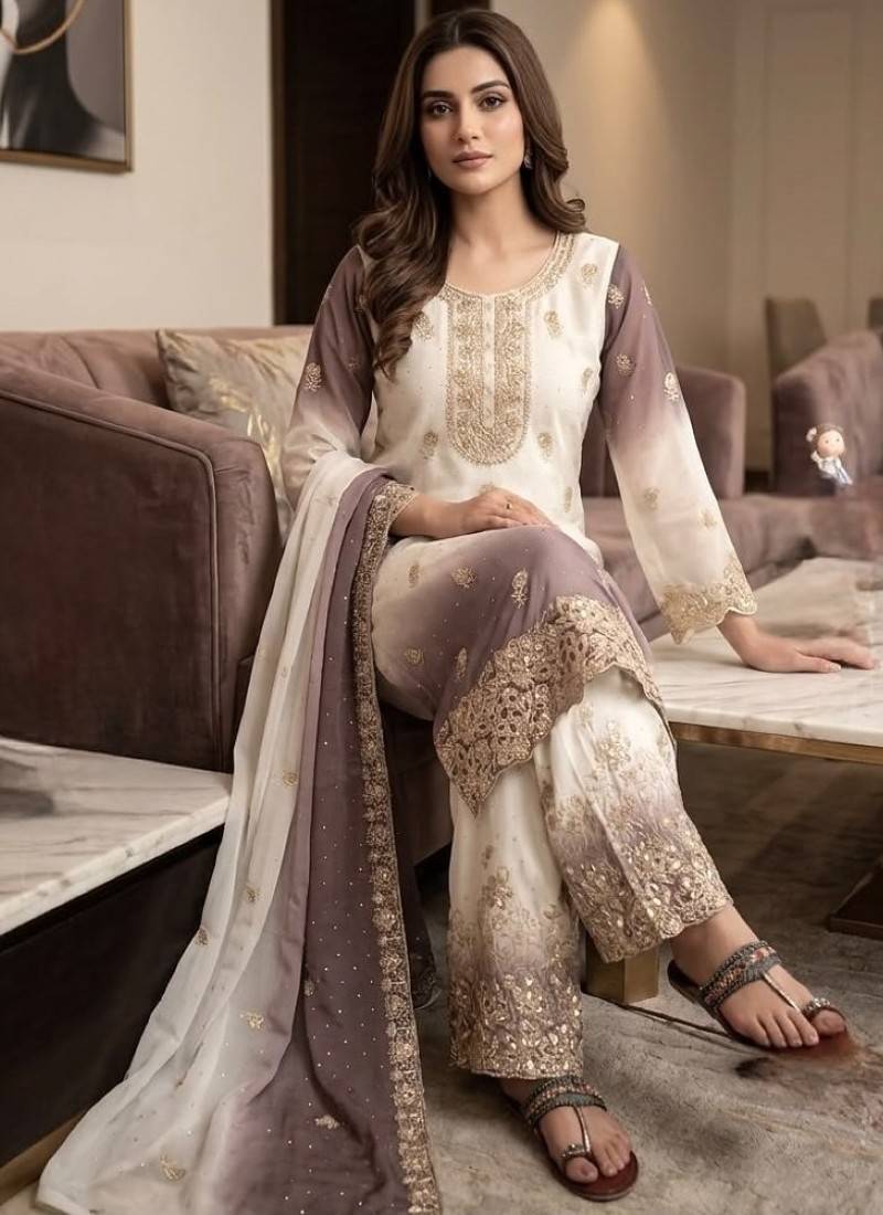 Lavender&white georgette readymade suit with diamond & embroidery work