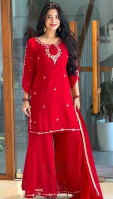 Red georgette readymade suit with sequence & embroidery work 1