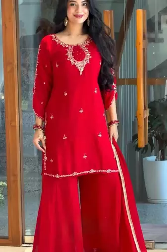 Red georgette readymade suit with sequence & embroidery work