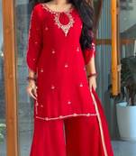 Red georgette readymade suit with sequence & embroidery work