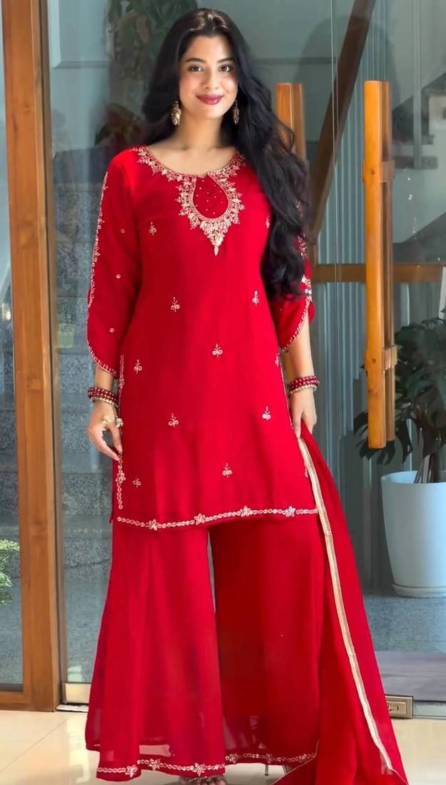 Red georgette readymade suit with sequence & embroidery work