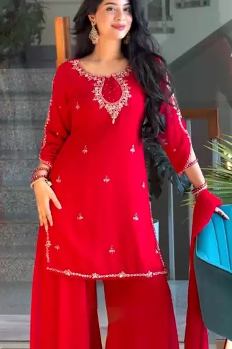 Red georgette readymade suit with sequence & embroidery work