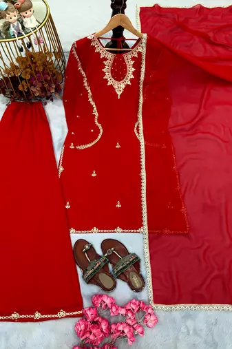 Red georgette readymade suit with sequence & embroidery work