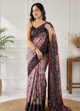 pink color multi digital hand picked kalamkari print cotton blend saree