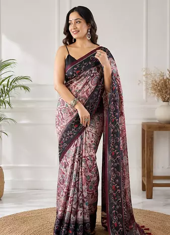 pink color multi digital hand picked kalamkari print cotton blend saree