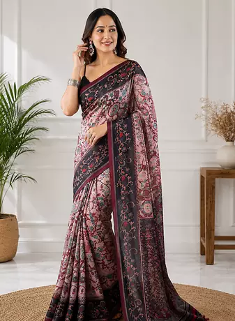 pink color multi digital hand picked kalamkari print cotton blend saree