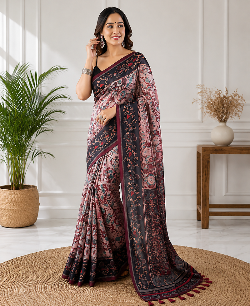 pink color multi digital hand picked kalamkari print cotton blend saree