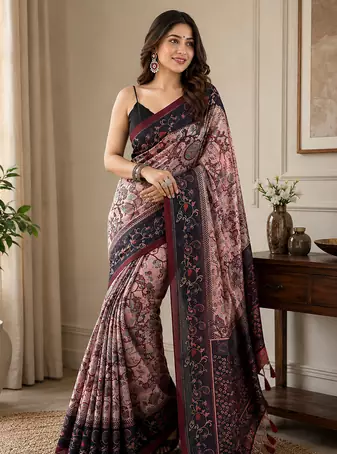 pink color multi digital hand picked kalamkari print cotton blend saree