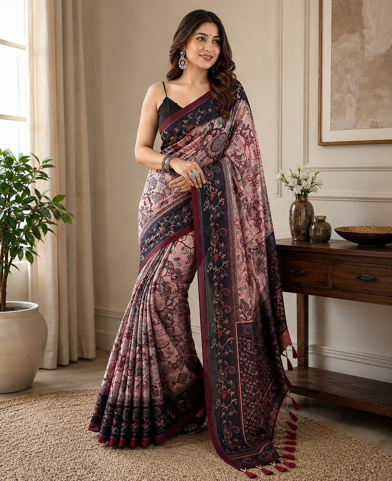 pink color multi digital hand picked kalamkari print cotton blend saree